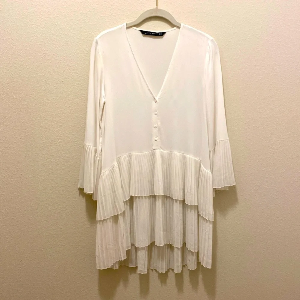 Zara white mini shirt/dress with tiers - Picture 2 of 8